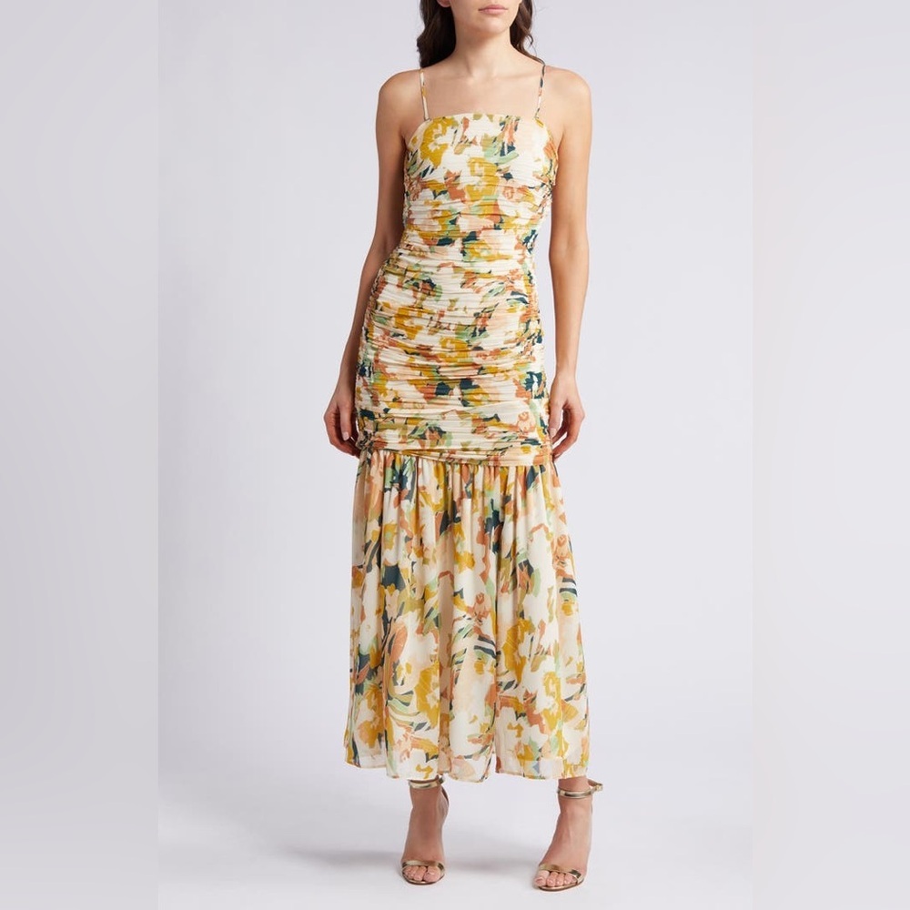NWT Chelsea28 Removable Strap Ruched Dress in Beige Multi Keys Abstract Size XS